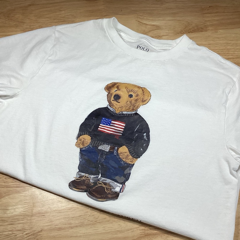 Youth Polo Ralph Lauren Short Sleeved Polo Bear Cotton Tee. White Medium 10/12